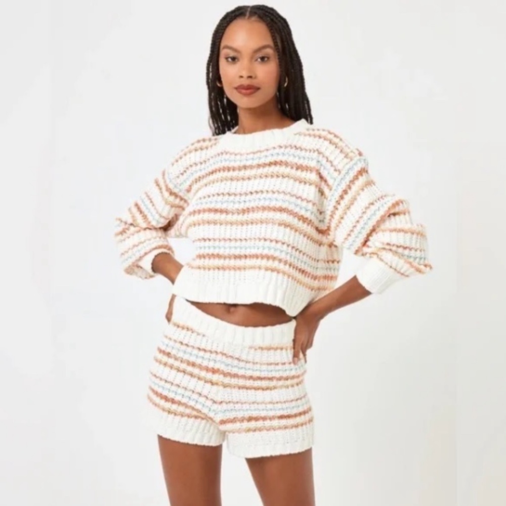 L*Space Pismo Beach Striped Knit Crop Sweater & Shorts Set Playa Del Carmen Sz S